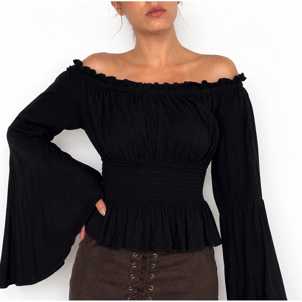Belle Poque Black Renaissance Peasant Top XL/1X Whimsigoth Bell Sleeve Smocked